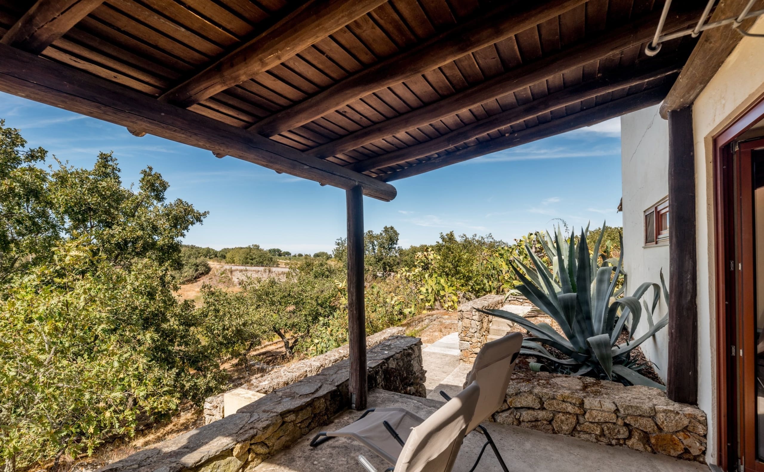 Überdachte Terrasse mit Holzbalken, Blick auf grüne Landschaft und eine Agave