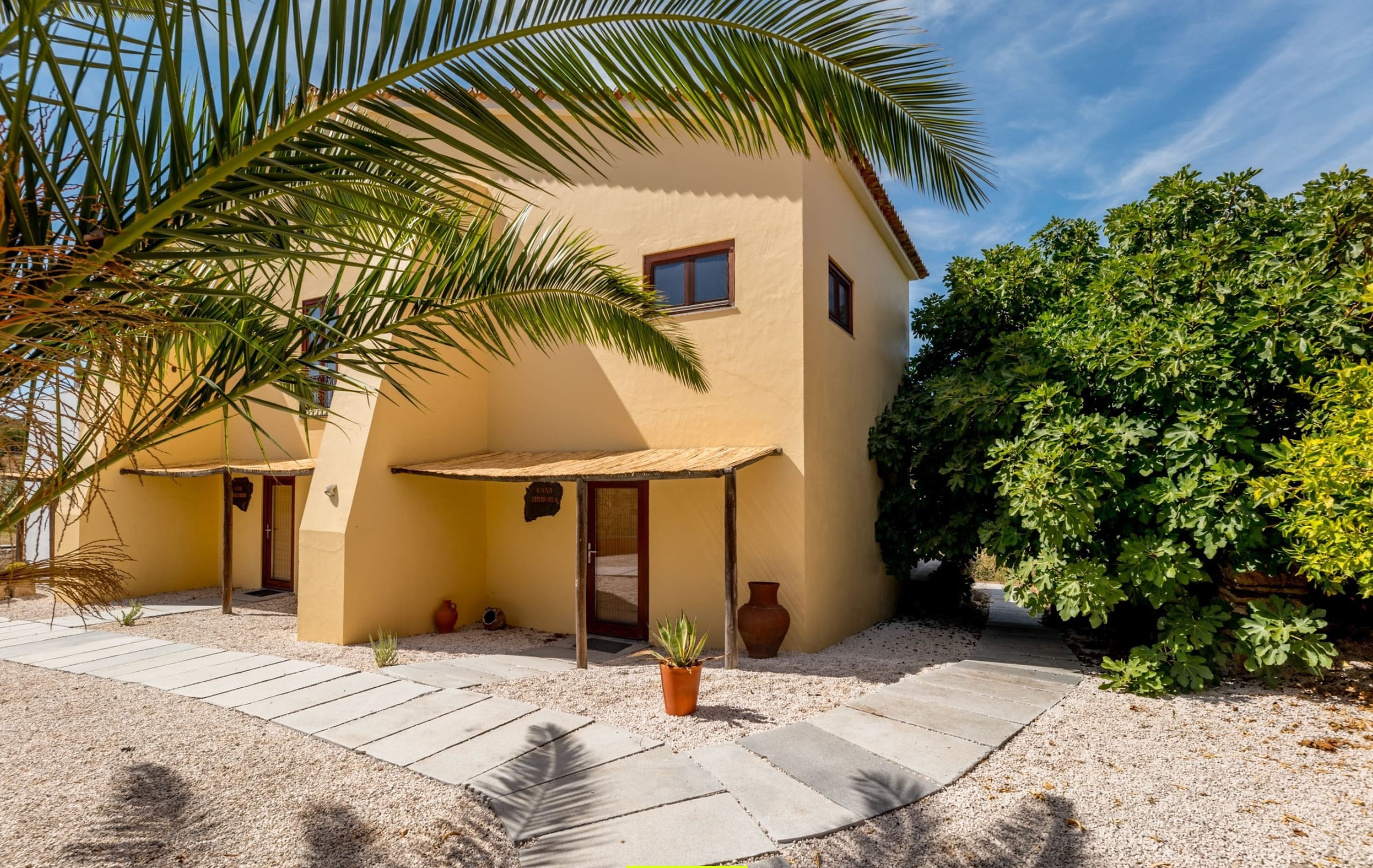 Gelbes Ferienhaus mit überdachter Terrasse, Palme und Kiesgarten