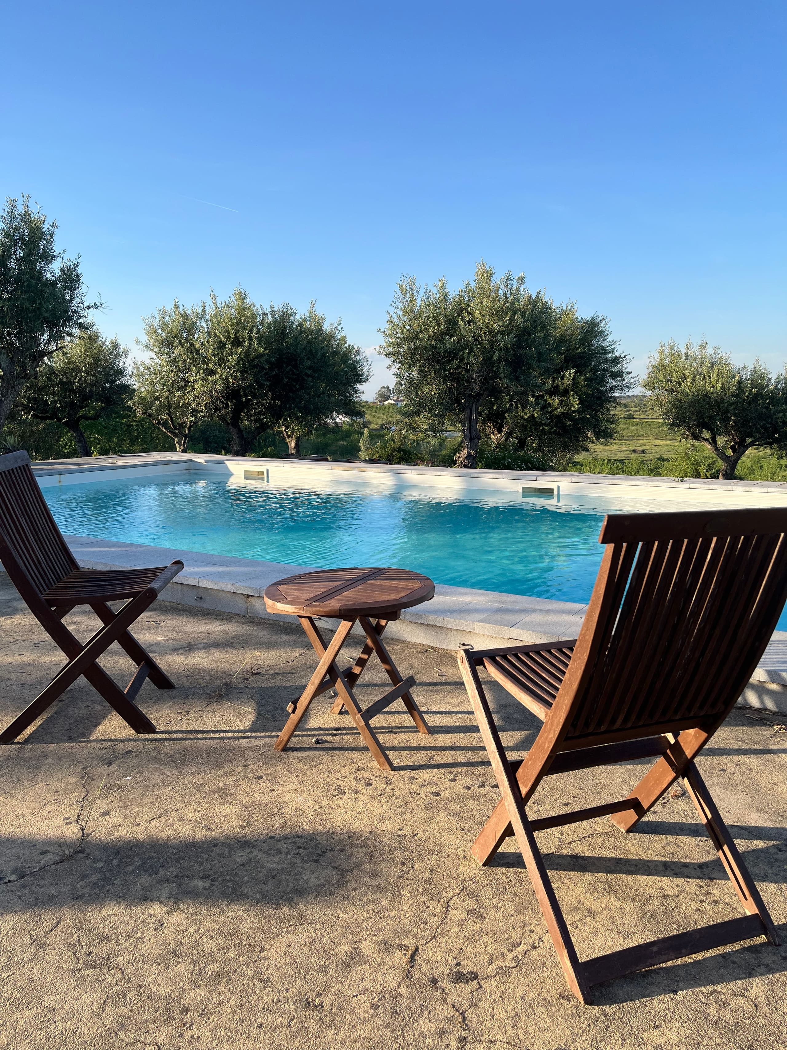 Zwei Holzstühle und ein Beistelltisch am Pool, umgeben von Olivenbäumen